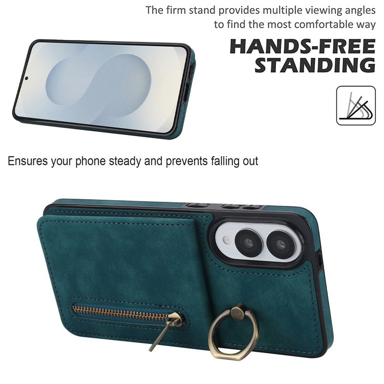 For Samsung Galaxy S25 Edge Case Zipper RFID Blocking Retro Leather + TPU Phone Cover with Kickstand - Green