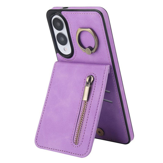 For Samsung Galaxy S25 Edge Case Zipper RFID Blocking Retro Leather + TPU Phone Cover with Kickstand - Purple