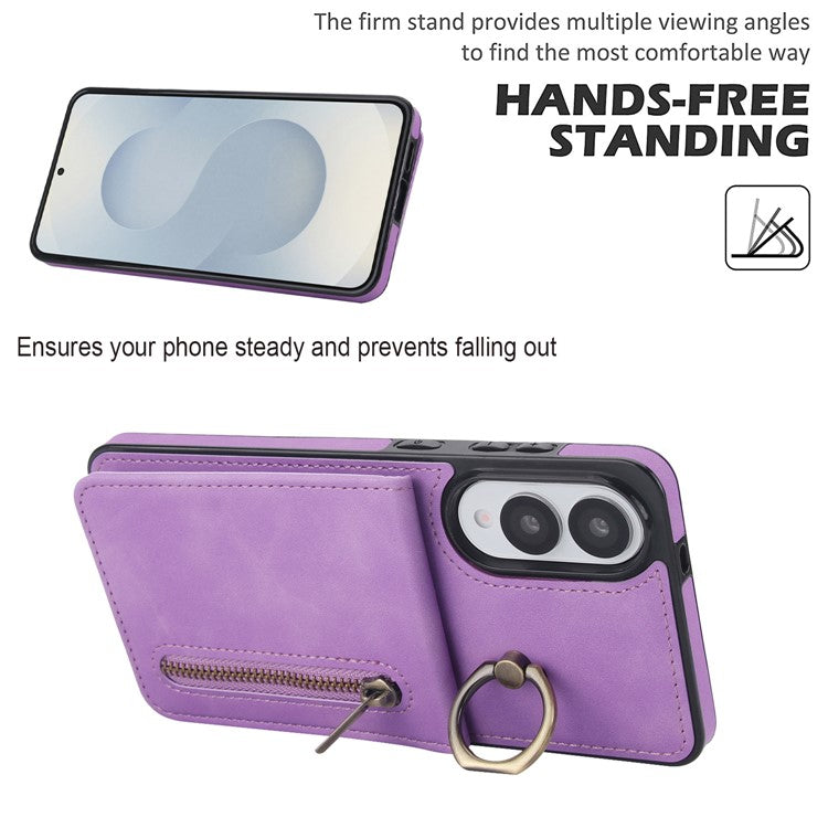 For Samsung Galaxy S25 Edge Case Zipper RFID Blocking Retro Leather + TPU Phone Cover with Kickstand - Purple