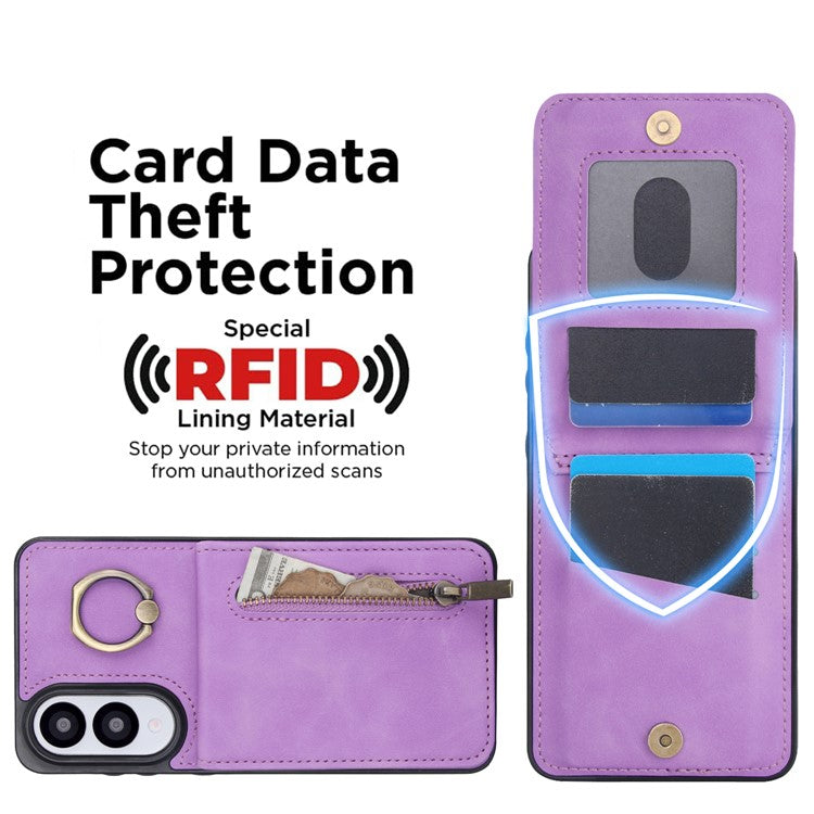 For Samsung Galaxy S25 Edge Case Zipper RFID Blocking Retro Leather + TPU Phone Cover with Kickstand - Purple