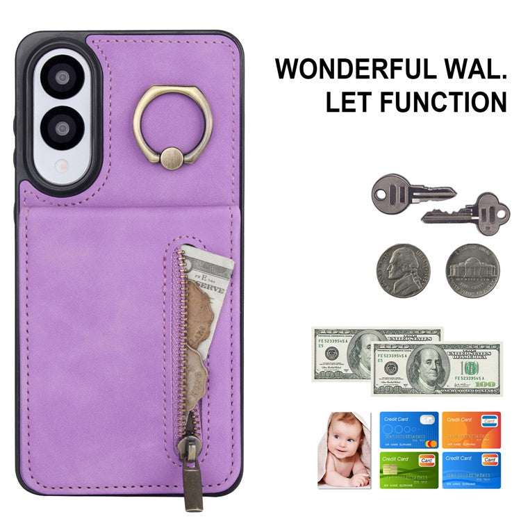 For Samsung Galaxy S25 Edge Case Zipper RFID Blocking Retro Leather + TPU Phone Cover with Kickstand - Purple