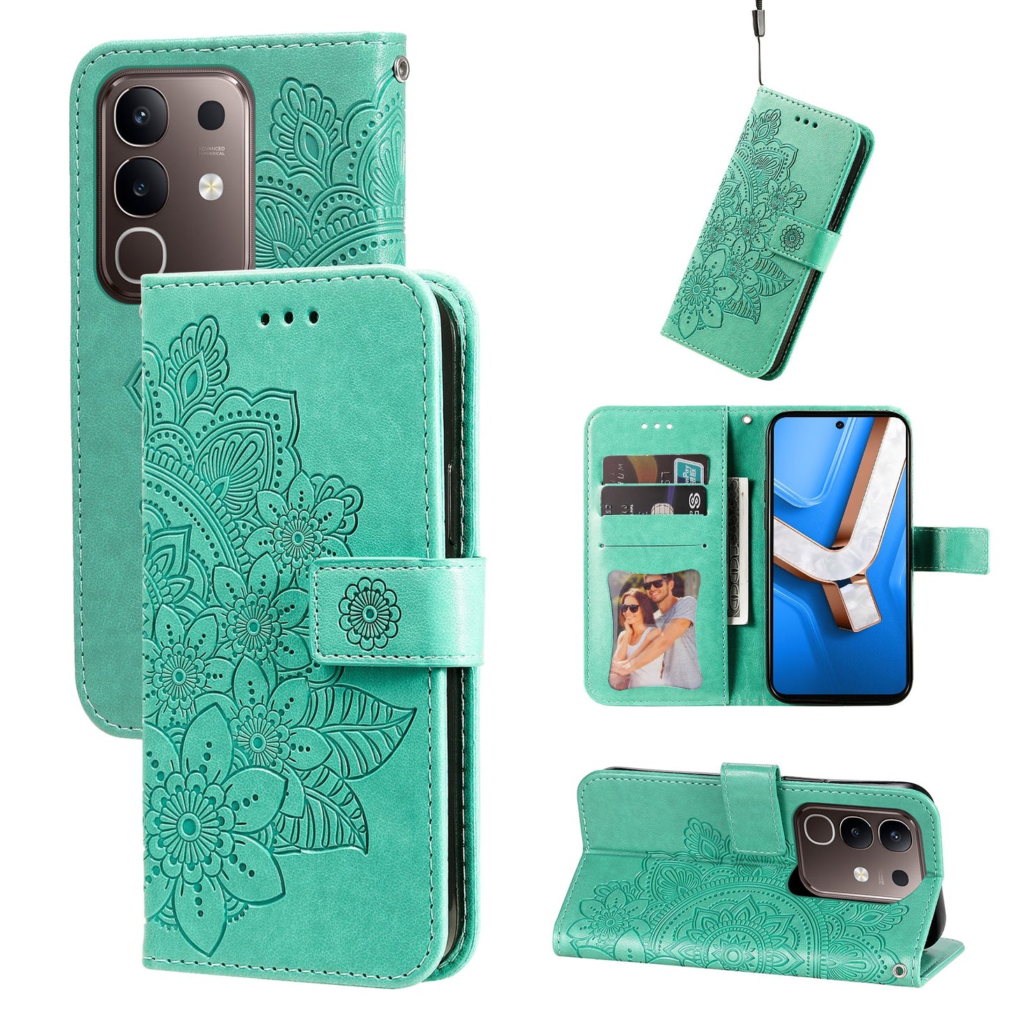 For vivo Y300i 5G / vivo Y39 5G Case Floral Pattern PU Leather Wallet Stand Phone Cover - Green