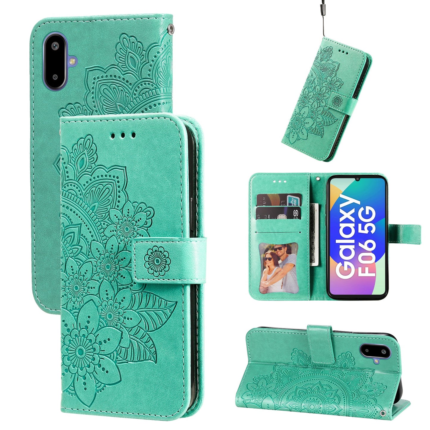 For Samsung Galaxy F06 5G Case Floral Pattern PU Leather Wallet Stand Phone Cover - Green