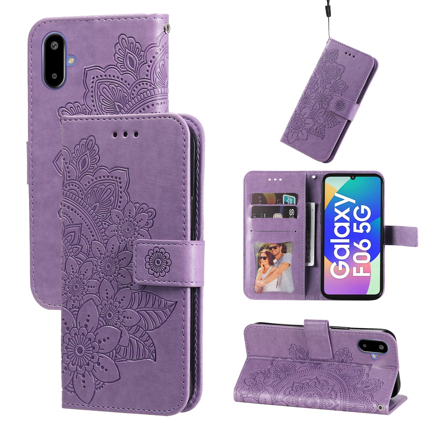 For Samsung Galaxy F06 5G Case Floral Pattern PU Leather Wallet Stand Phone Cover - Purple