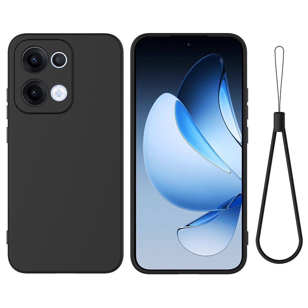 For Oppo Reno13 5G (Global) Liquid Silicone Case Phone Back Cover with Hand Strap - Black