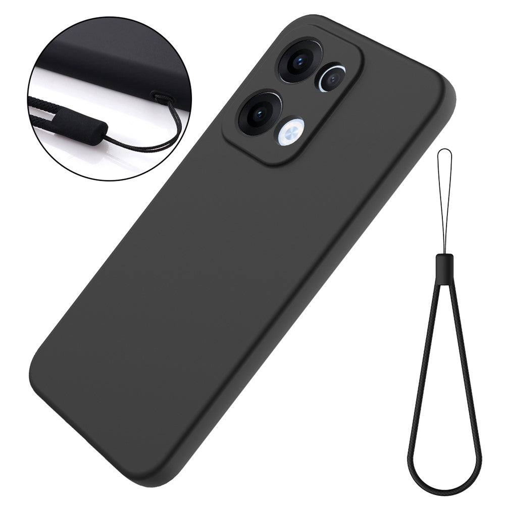 For Oppo Reno13 5G (Global) Liquid Silicone Case Phone Back Cover with Hand Strap - Black