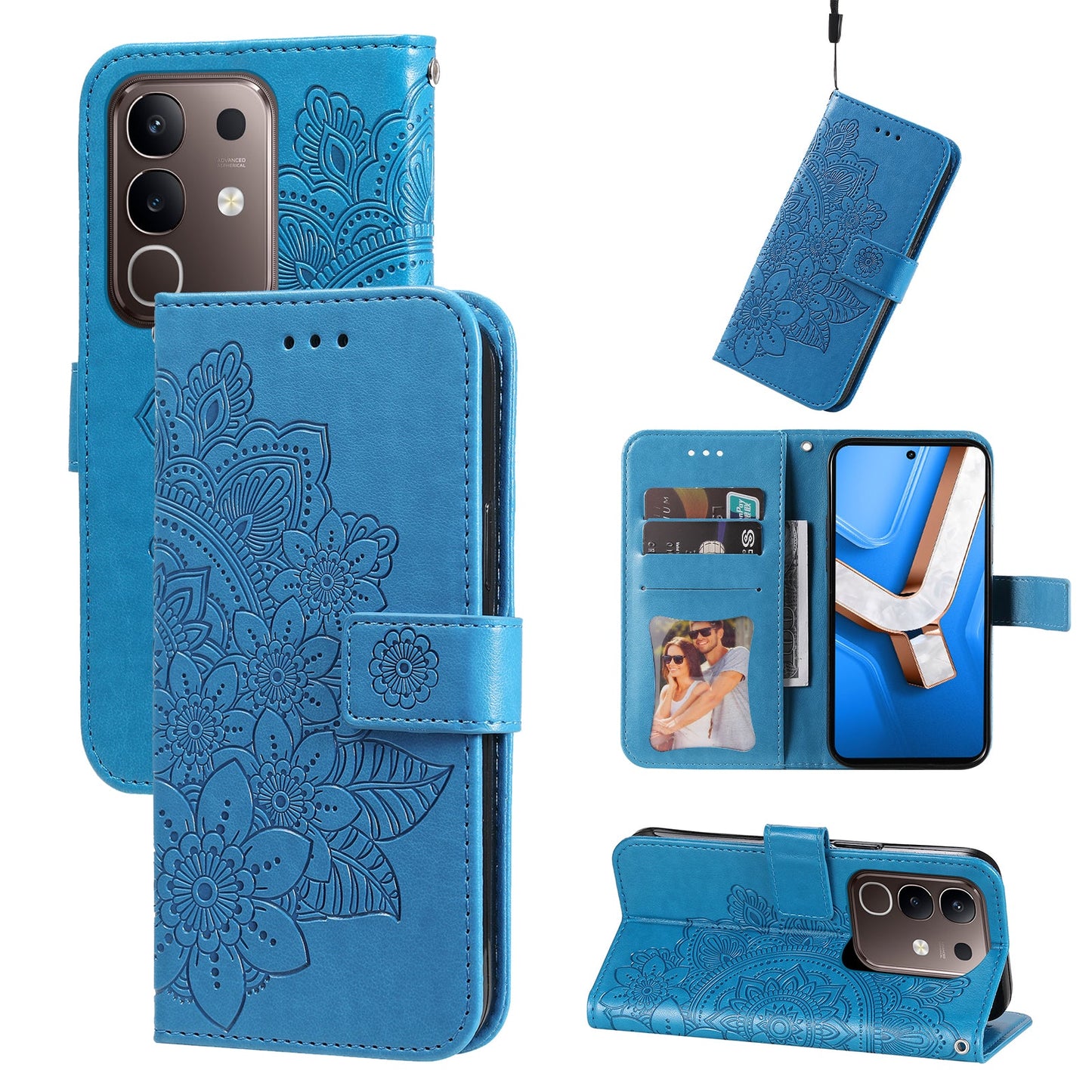For vivo Y29 4G Case Floral Pattern PU Leather Wallet Stand Phone Cover - Blue