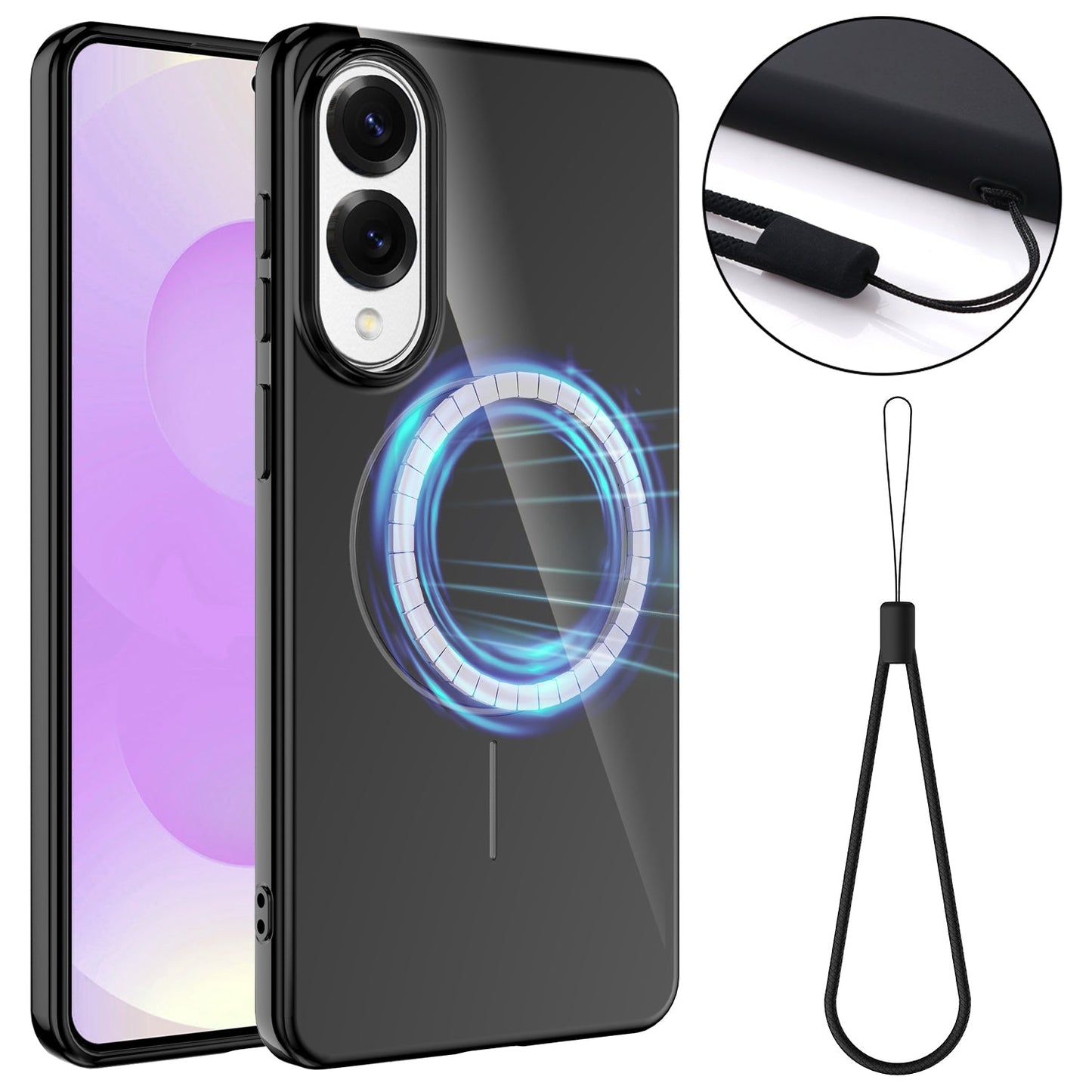 For Samsung Galaxy S25 Edge Magnetic Case Compatible with MagSafe TPU Phone Back Cover with Lanyard - Black