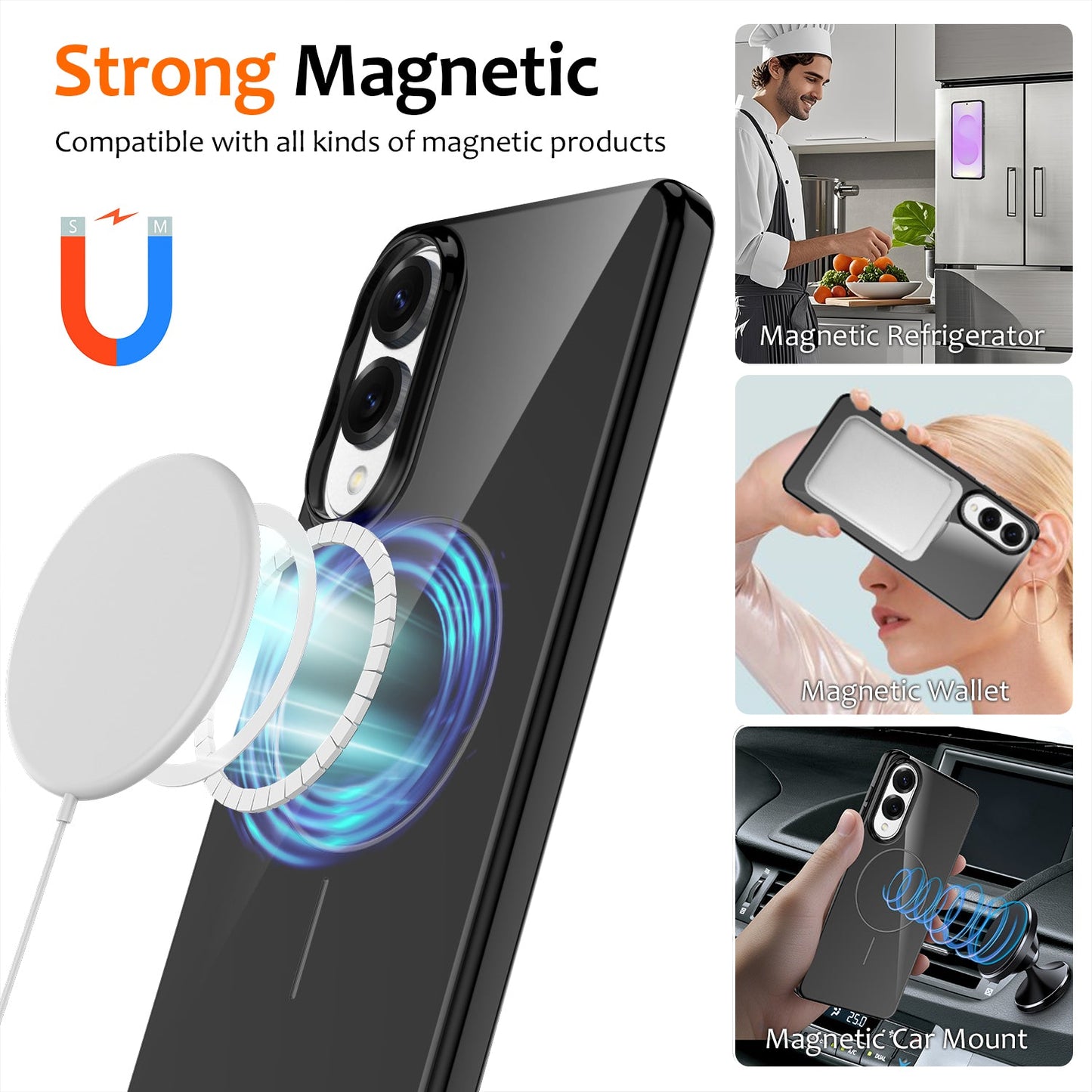 For Samsung Galaxy S25 Edge Magnetic Case Compatible with MagSafe TPU Phone Back Cover with Lanyard - Black