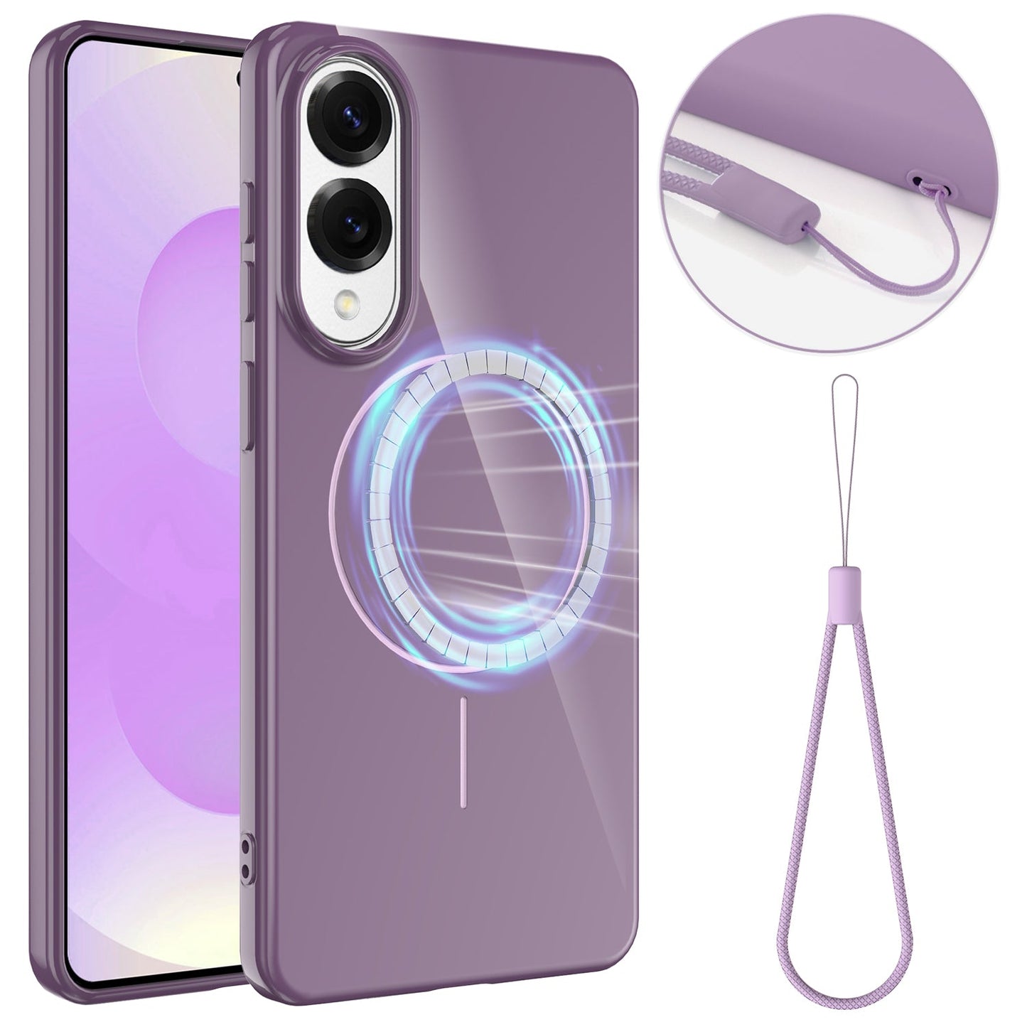 For Samsung Galaxy S25 Edge Magnetic Case Compatible with MagSafe TPU Phone Back Cover with Lanyard - Purple