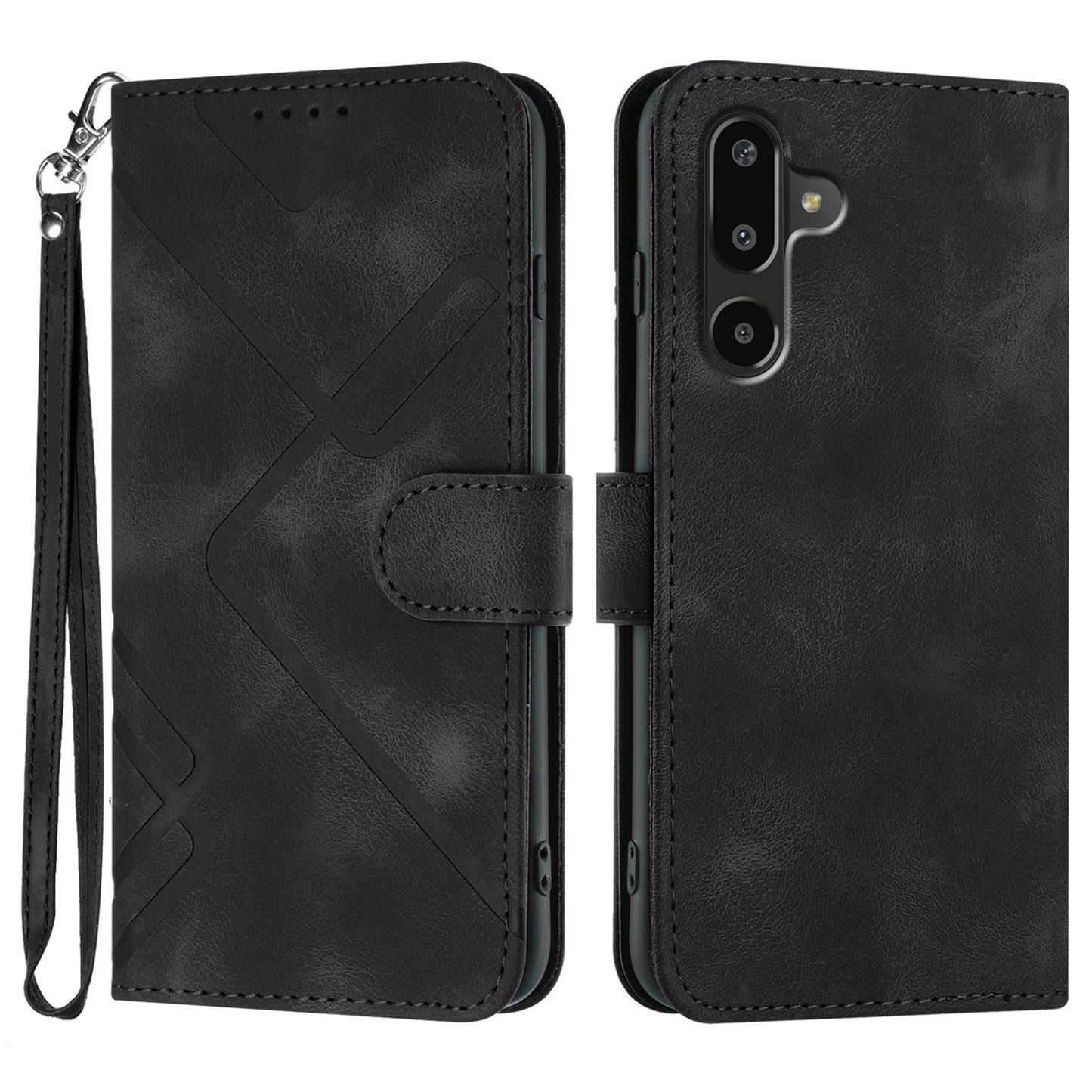 For Samsung Galaxy M16 5G / Galaxy F16 5G Wallet Case Line Imprinted PU Leather Phone Cover with Strap - Black
