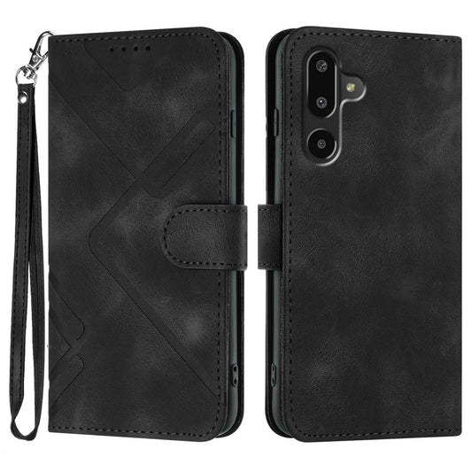 For Samsung Galaxy M16 5G / Galaxy F16 5G Wallet Case Line Imprinted PU Leather Phone Cover with Strap - Black