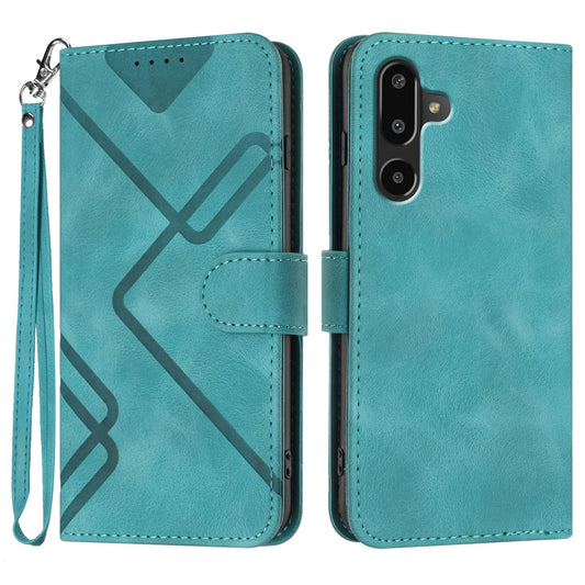 For Samsung Galaxy M16 5G / Galaxy F16 5G Wallet Case Line Imprinted PU Leather Phone Cover with Strap - Light Blue