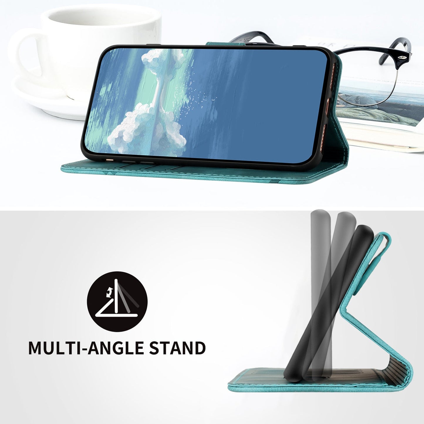 For Samsung Galaxy M16 5G / Galaxy F16 5G Wallet Case Line Imprinted PU Leather Phone Cover with Strap - Light Blue