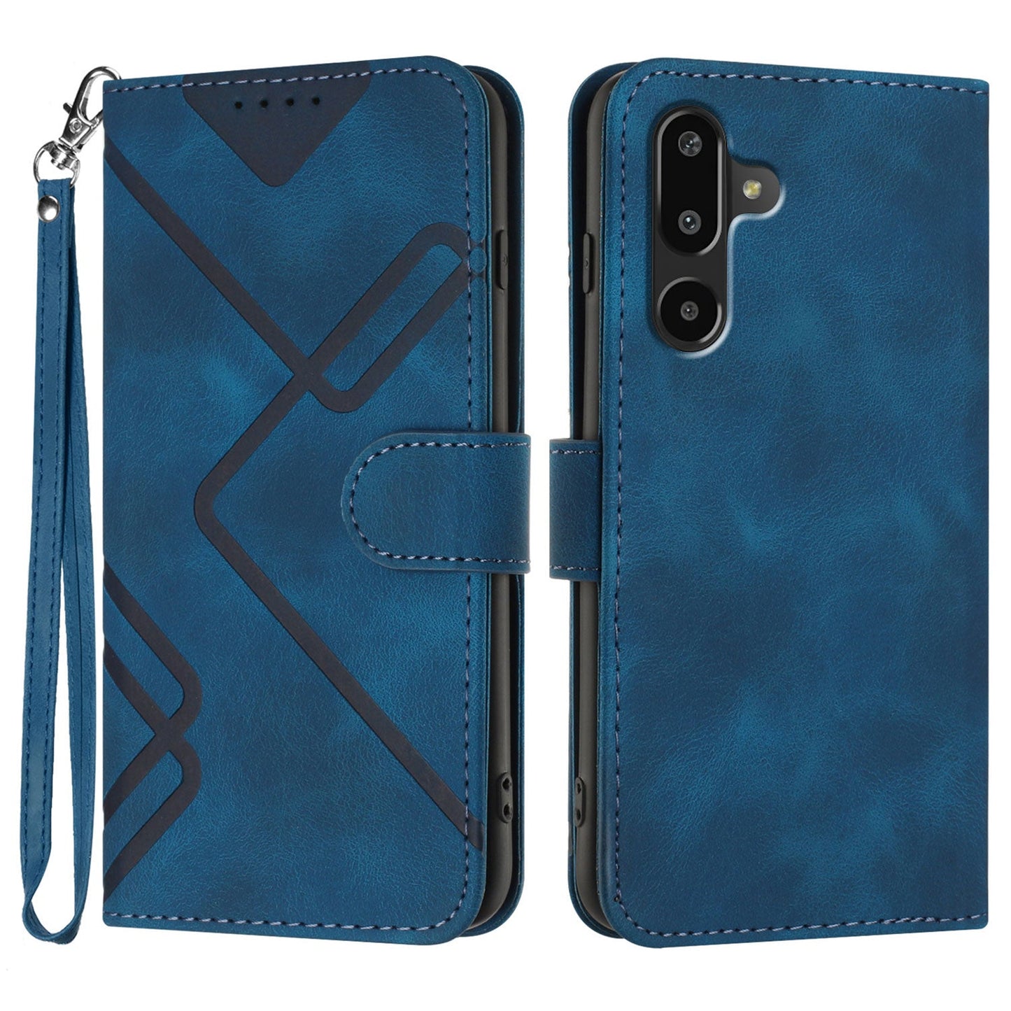 For Samsung Galaxy M16 5G / Galaxy F16 5G Wallet Case Line Imprinted PU Leather Phone Cover with Strap - Royal Blue