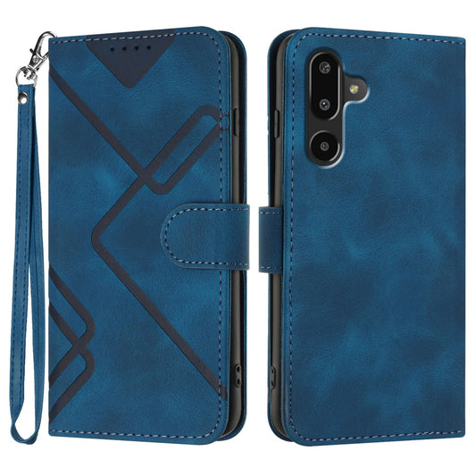 For Samsung Galaxy M16 5G / Galaxy F16 5G Wallet Case Line Imprinted PU Leather Phone Cover with Strap - Royal Blue