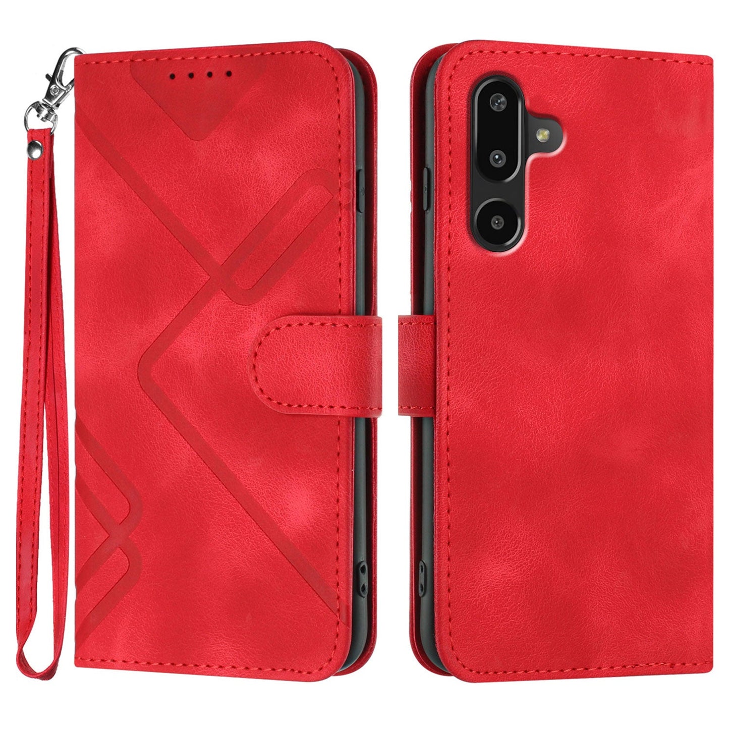 For Samsung Galaxy M16 5G / Galaxy F16 5G Wallet Case Line Imprinted PU Leather Phone Cover with Strap - Red