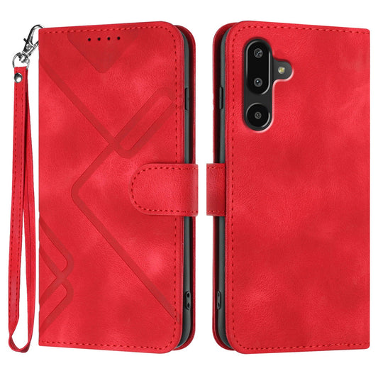 For Samsung Galaxy M16 5G / Galaxy F16 5G Wallet Case Line Imprinted PU Leather Phone Cover with Strap - Red