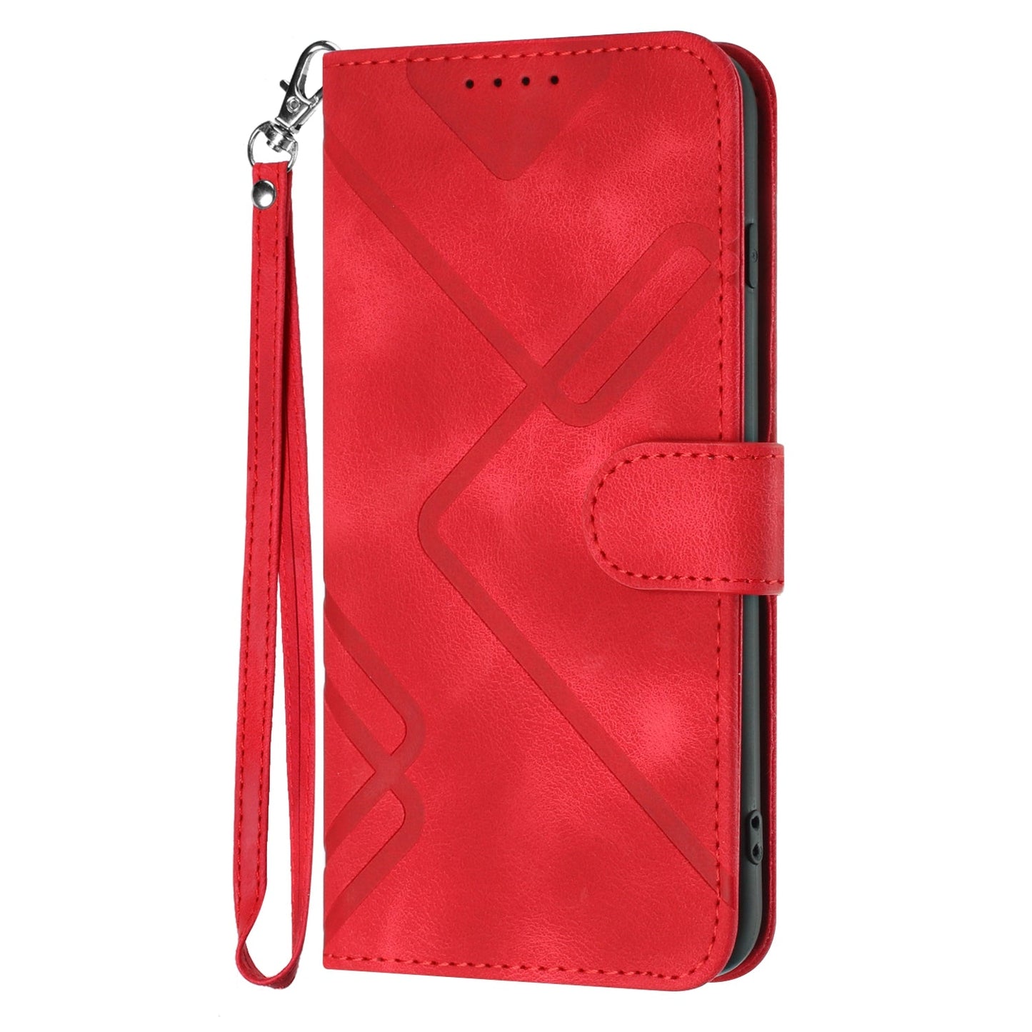 For Samsung Galaxy M16 5G / Galaxy F16 5G Wallet Case Line Imprinted PU Leather Phone Cover with Strap - Red