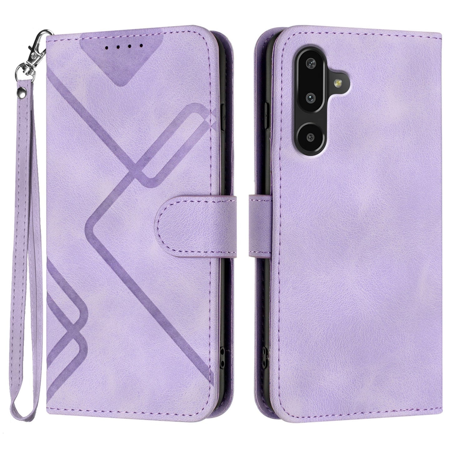For Samsung Galaxy M16 5G / Galaxy F16 5G Wallet Case Line Imprinted PU Leather Phone Cover with Strap - Purple