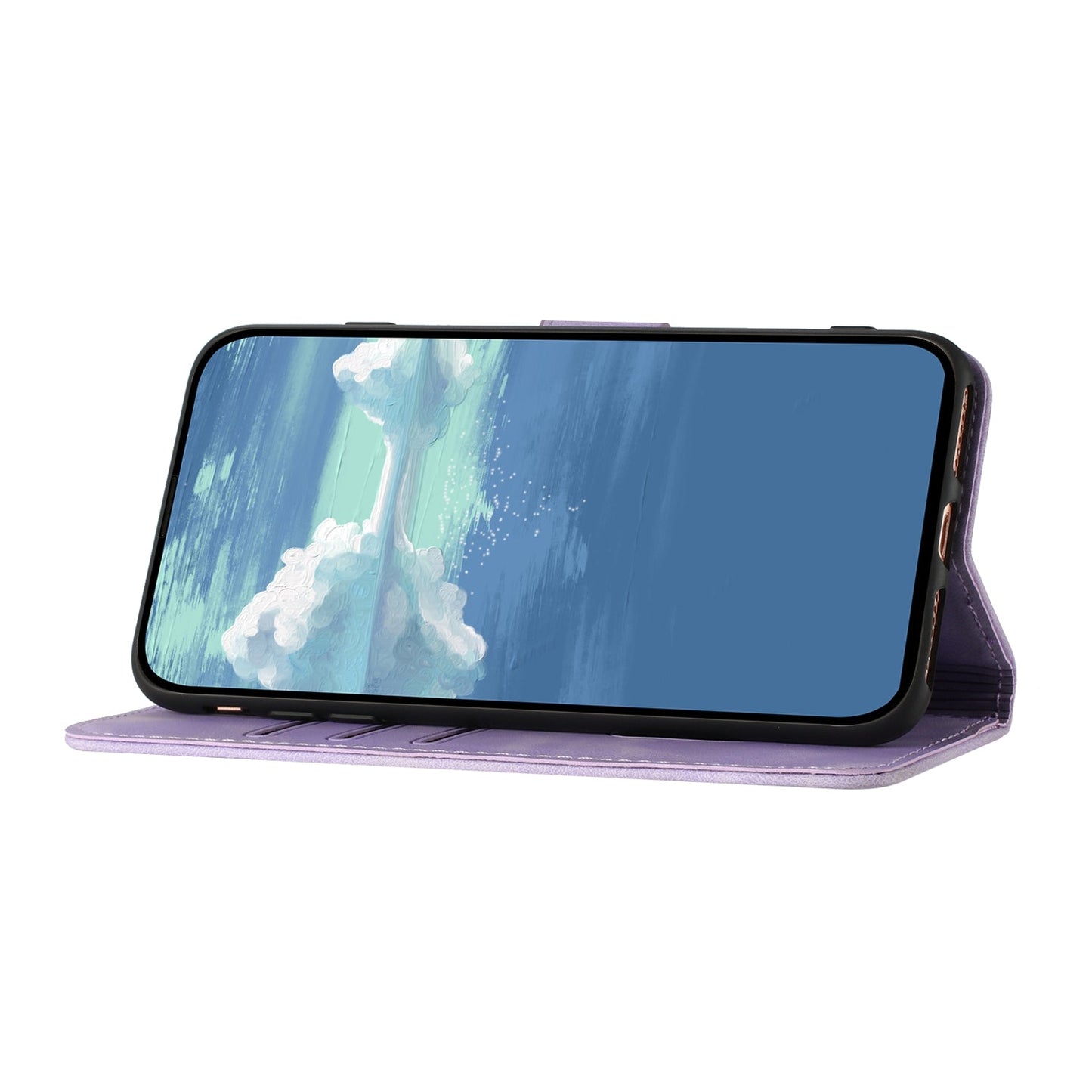For Samsung Galaxy M16 5G / Galaxy F16 5G Wallet Case Line Imprinted PU Leather Phone Cover with Strap - Purple