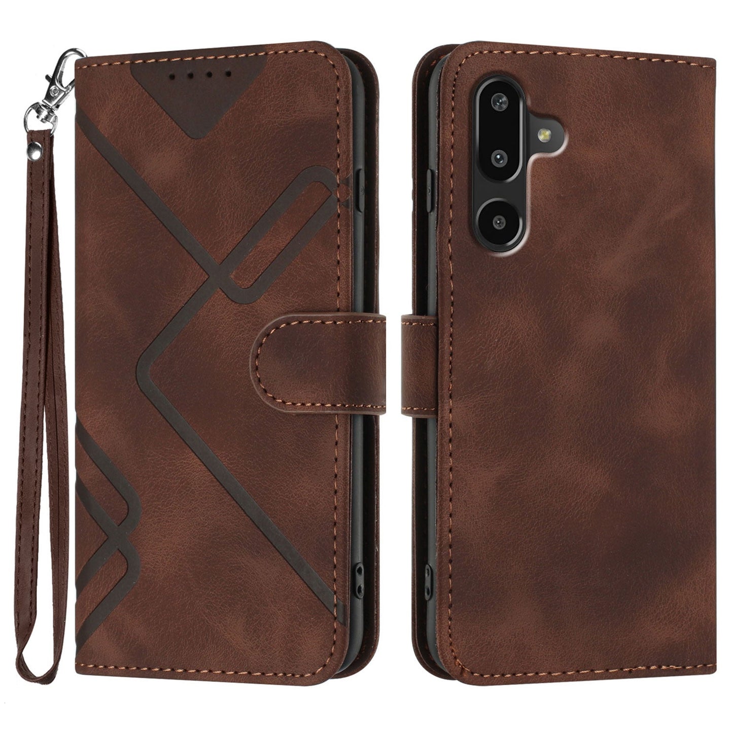For Samsung Galaxy M16 5G / Galaxy F16 5G Wallet Case Line Imprinted PU Leather Phone Cover with Strap - Brown
