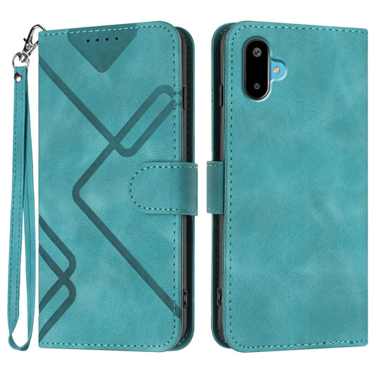 For Samsung Galaxy M06 5G / Galaxy F06 5G Wallet Case Line Imprinted PU Leather Phone Cover with Strap - Light Blue