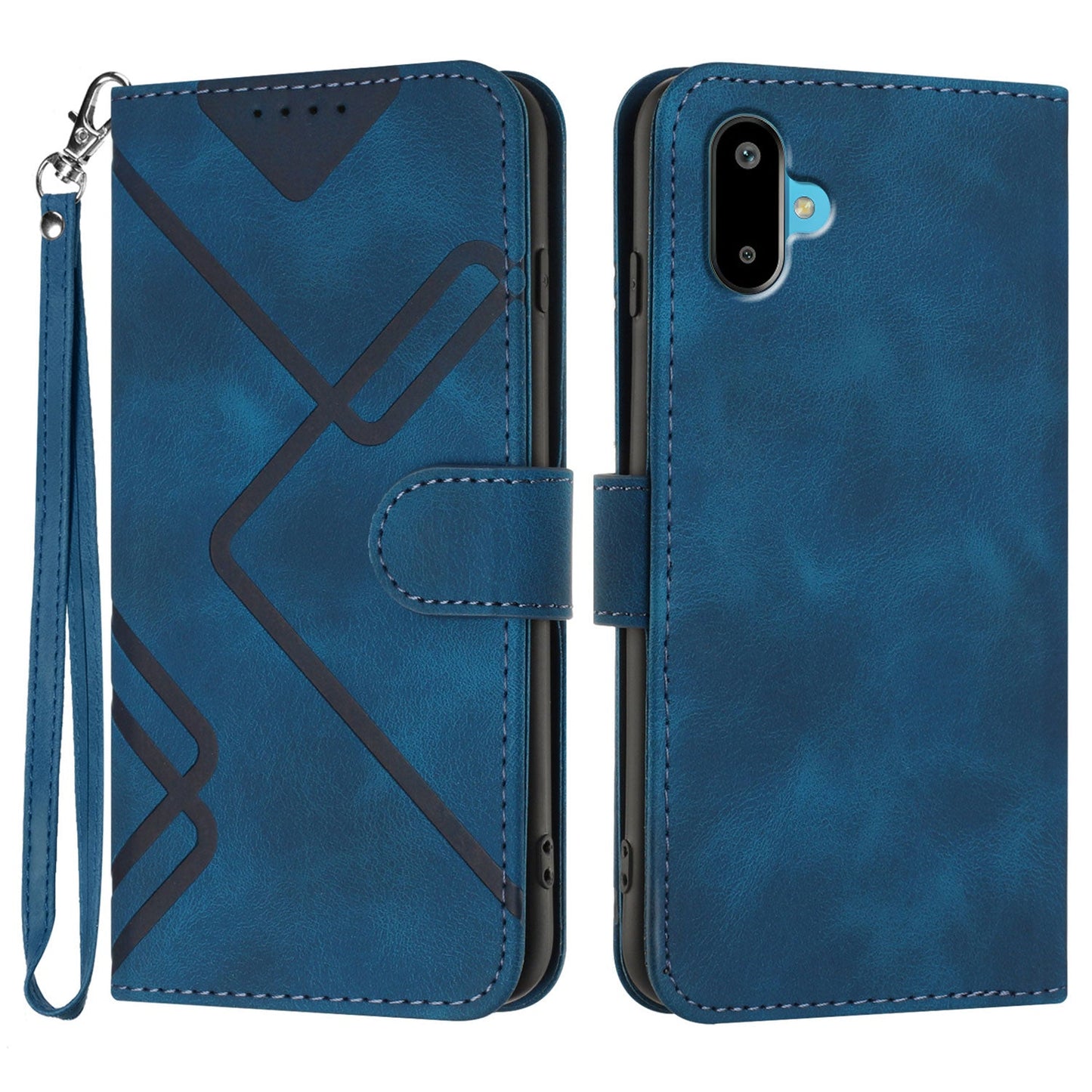 For Samsung Galaxy M06 5G / Galaxy F06 5G Wallet Case Line Imprinted PU Leather Phone Cover with Strap - Royal Blue