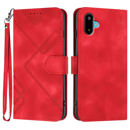 For Samsung Galaxy M06 5G / Galaxy F06 5G Wallet Case Line Imprinted PU Leather Phone Cover with Strap - Red