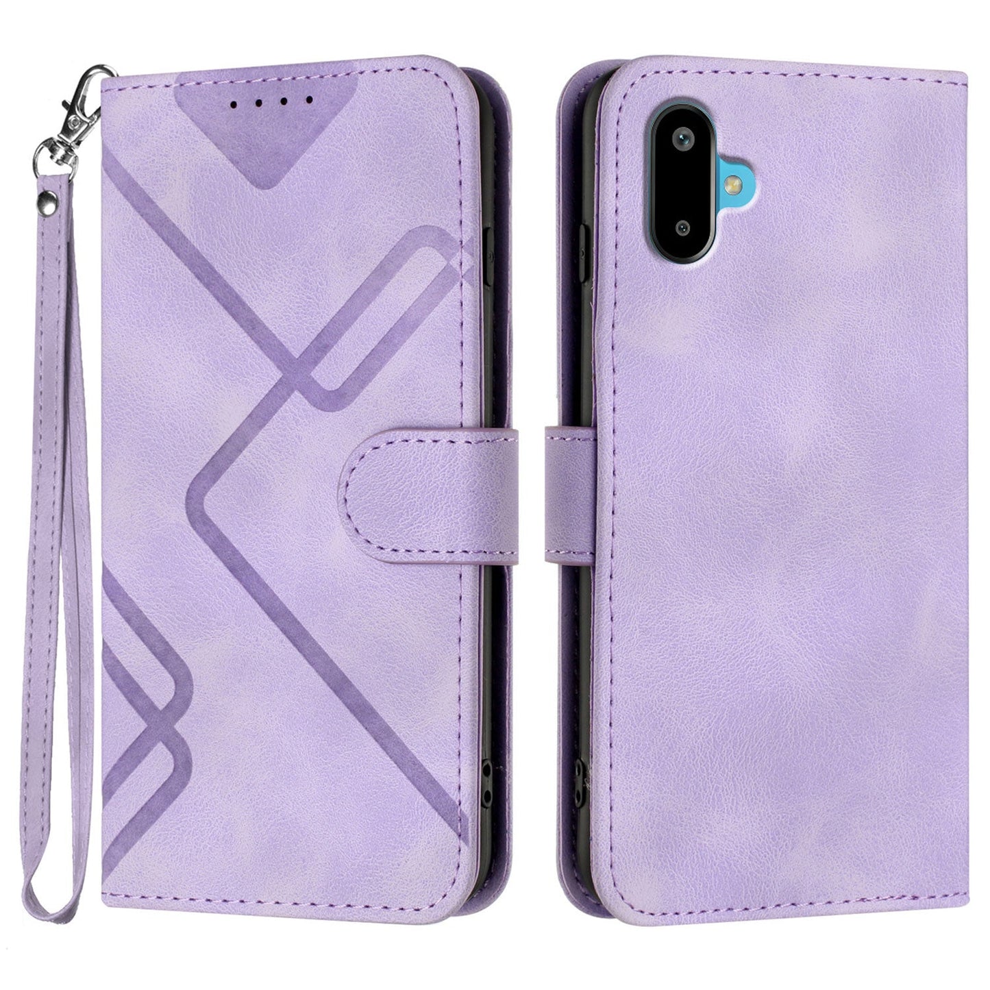 For Samsung Galaxy M06 5G / Galaxy F06 5G Wallet Case Line Imprinted PU Leather Phone Cover with Strap - Purple