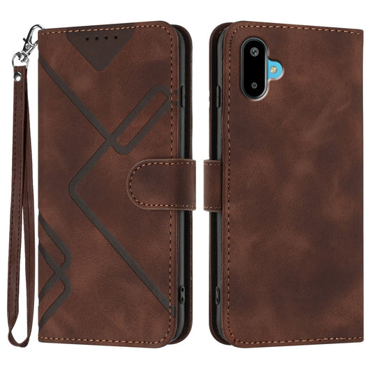For Samsung Galaxy M06 5G / Galaxy F06 5G Wallet Case Line Imprinted PU Leather Phone Cover with Strap - Brown
