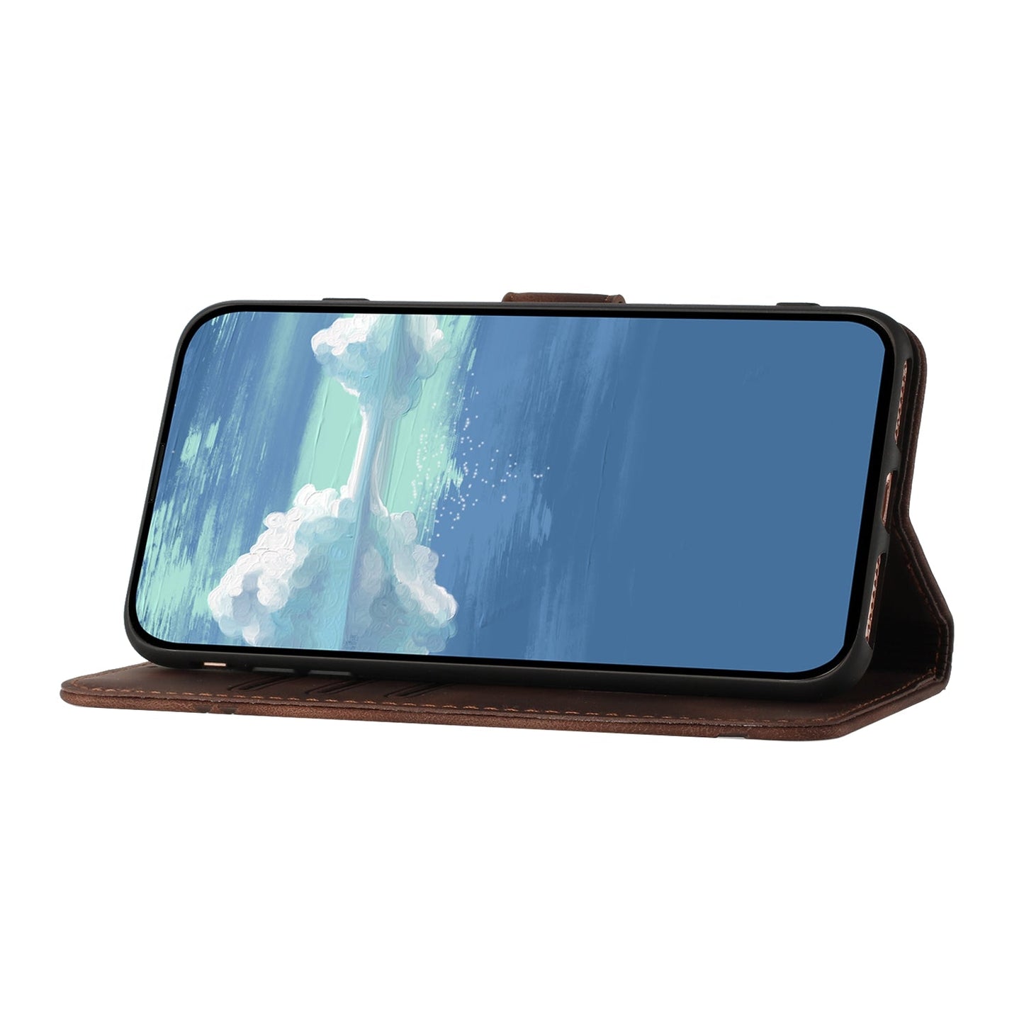 For Samsung Galaxy M06 5G / Galaxy F06 5G Wallet Case Line Imprinted PU Leather Phone Cover with Strap - Brown