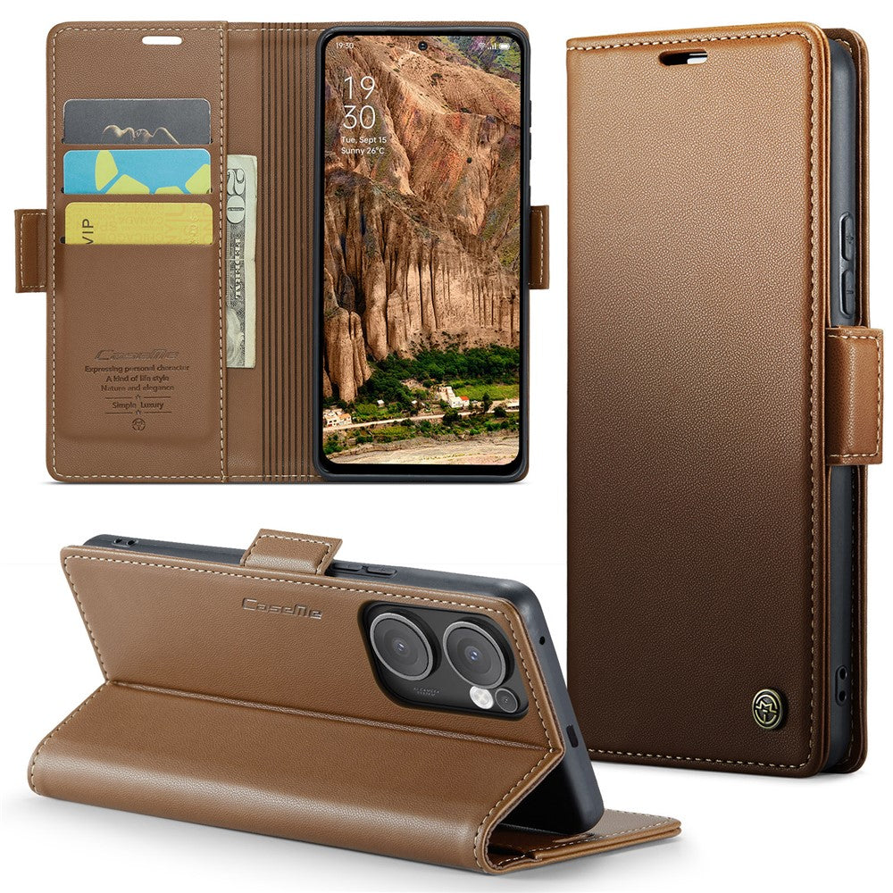 For Oppo Reno13 F 4G / Oppo Reno13 F 5G Case CASEME 023 Series RFID Blocking Leather Wallet Stand Phone Cover - Brown
