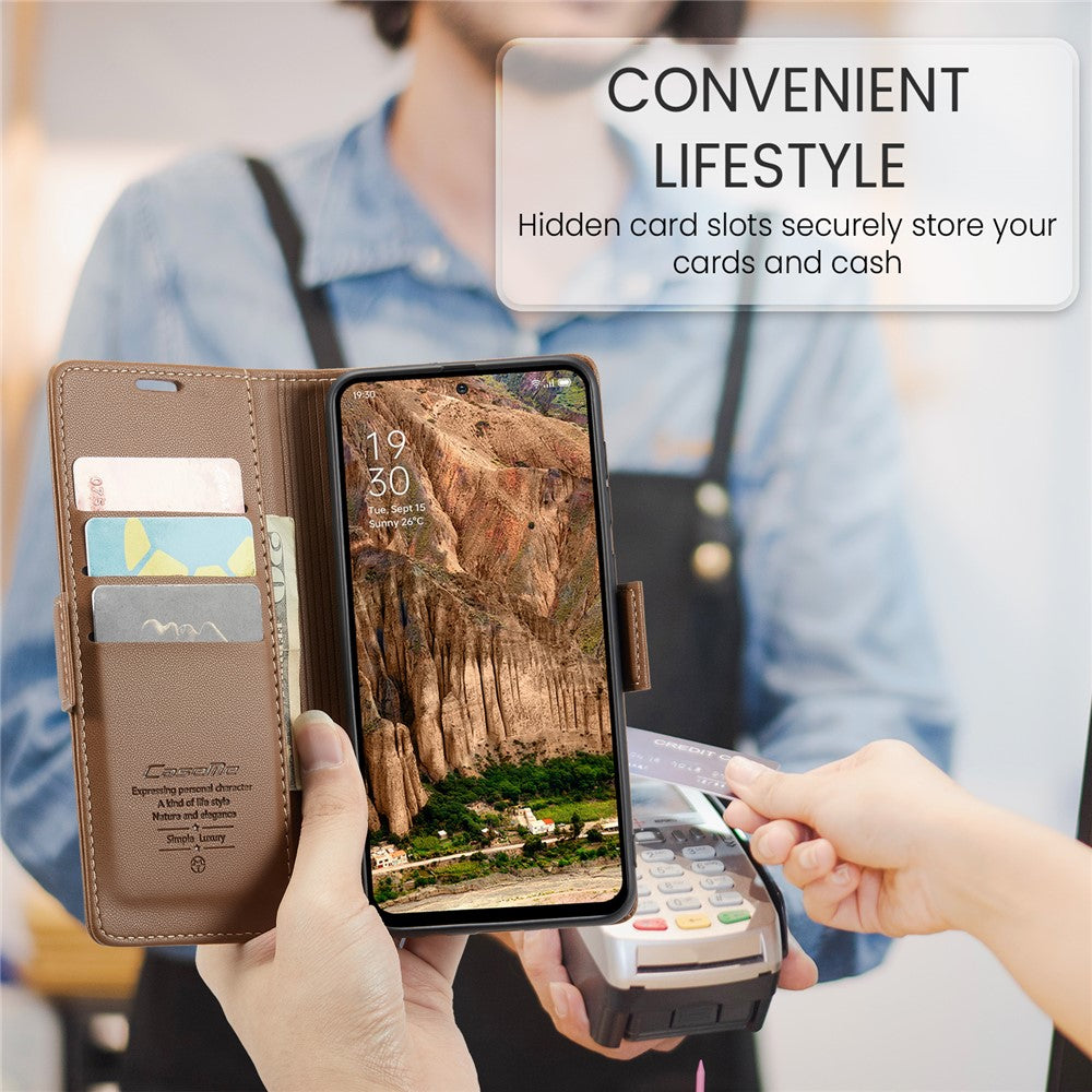 For Oppo Reno13 F 4G / Oppo Reno13 F 5G Case CASEME 023 Series RFID Blocking Leather Wallet Stand Phone Cover - Brown
