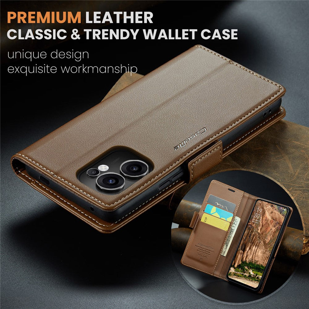 For Oppo Reno13 F 4G / Oppo Reno13 F 5G Case CASEME 023 Series RFID Blocking Leather Wallet Stand Phone Cover - Brown