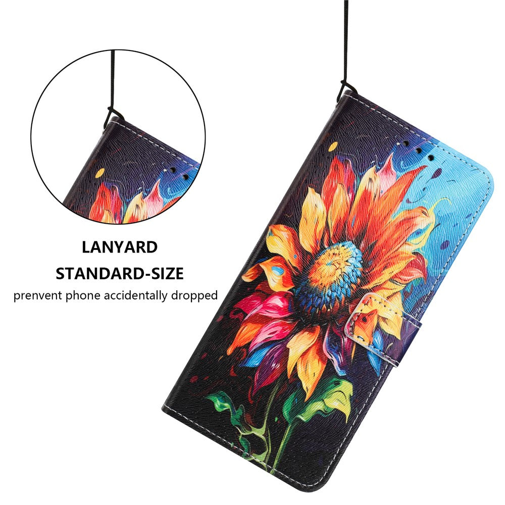 YX-2501 For Oppo Reno13 5G (Global) Case Pattern Printing PU Leather Wallet Phone Cover with Lanyard - Sunflower