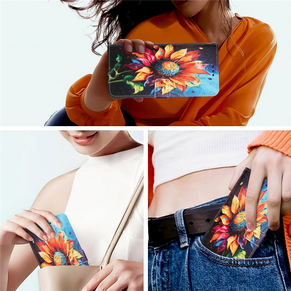 YX-2501 For Oppo Reno13 5G (Global) Case Pattern Printing PU Leather Wallet Phone Cover with Lanyard - Sunflower