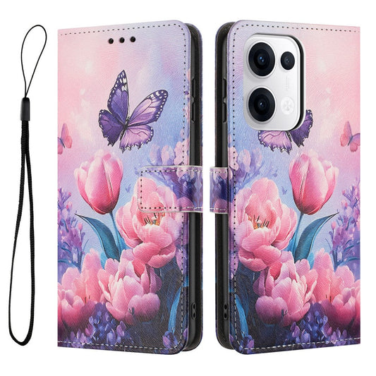 YX-2501 For Oppo Reno13 5G (Global) Case Pattern Printing PU Leather Wallet Phone Cover with Lanyard - Pink Flower Butterfly