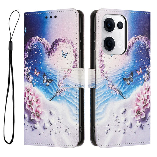 YX-2501 For Oppo Reno13 5G (Global) Case Pattern Printing PU Leather Wallet Phone Cover with Lanyard - Heart Butterfly