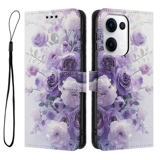 YX-2501 For Oppo Reno13 5G (Global) Case Pattern Printing PU Leather Wallet Phone Cover with Lanyard - Purple Rose