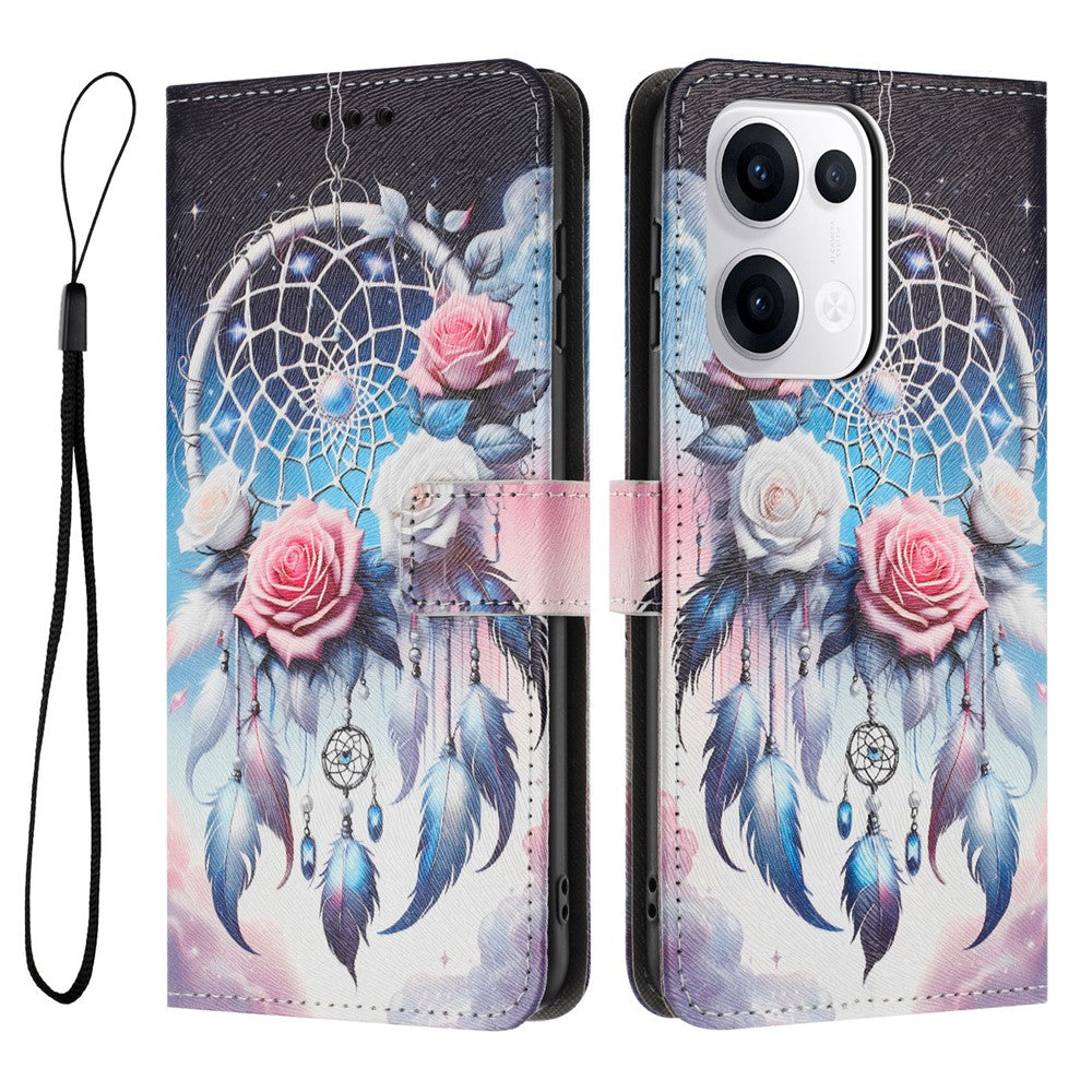 YX-2501 For Oppo Reno13 5G (Global) Case Pattern Printing PU Leather Wallet Phone Cover with Lanyard - Flower Wind Chime