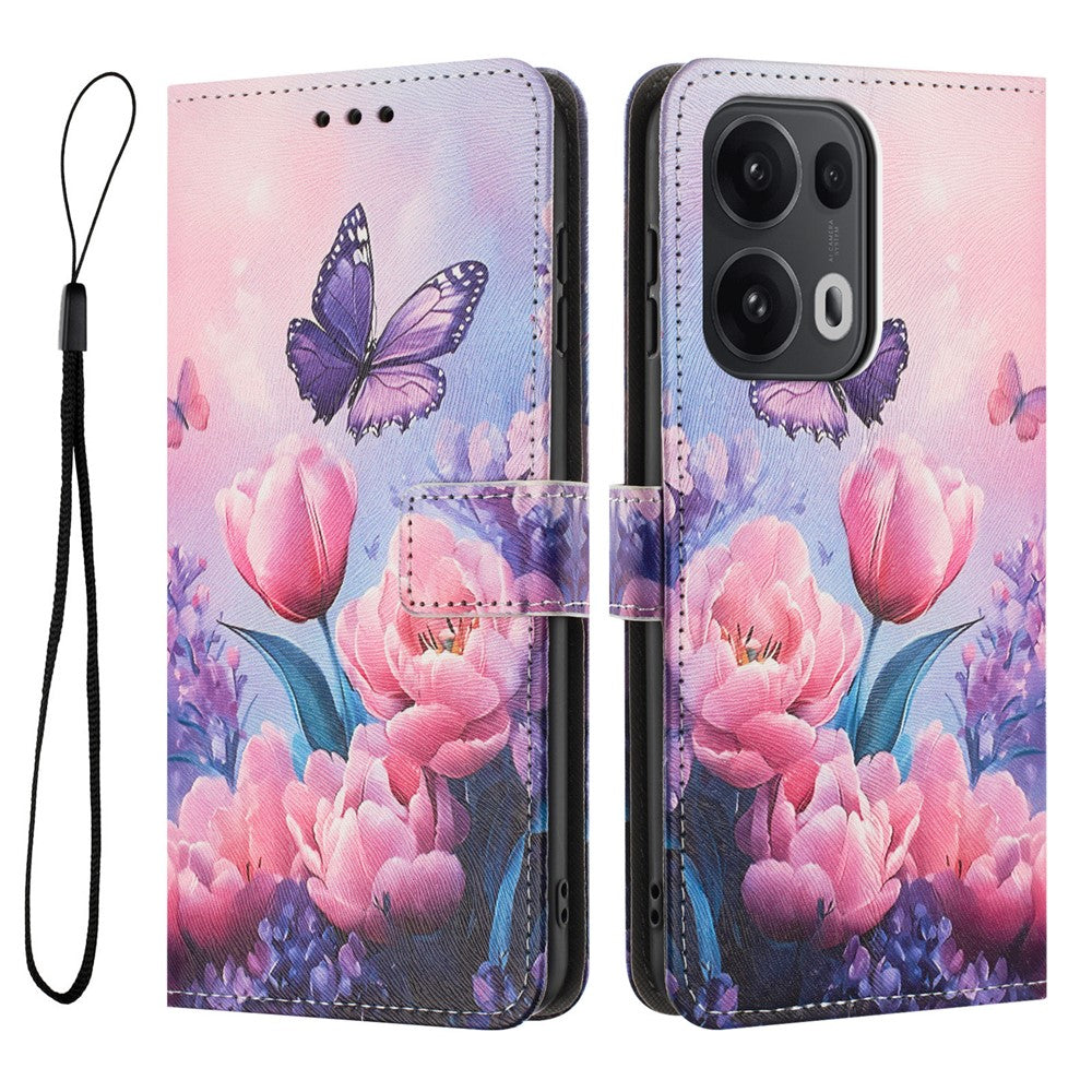 YX-2501 For Oppo Reno13 Pro 5G Case Pattern Printing PU Leather Wallet Phone Cover with Lanyard - Pink Flower Butterfly