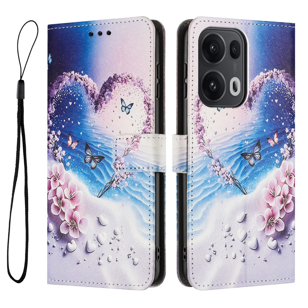 YX-2501 For Oppo Reno13 Pro 5G Case Pattern Printing PU Leather Wallet Phone Cover with Lanyard - Heart Butterfly