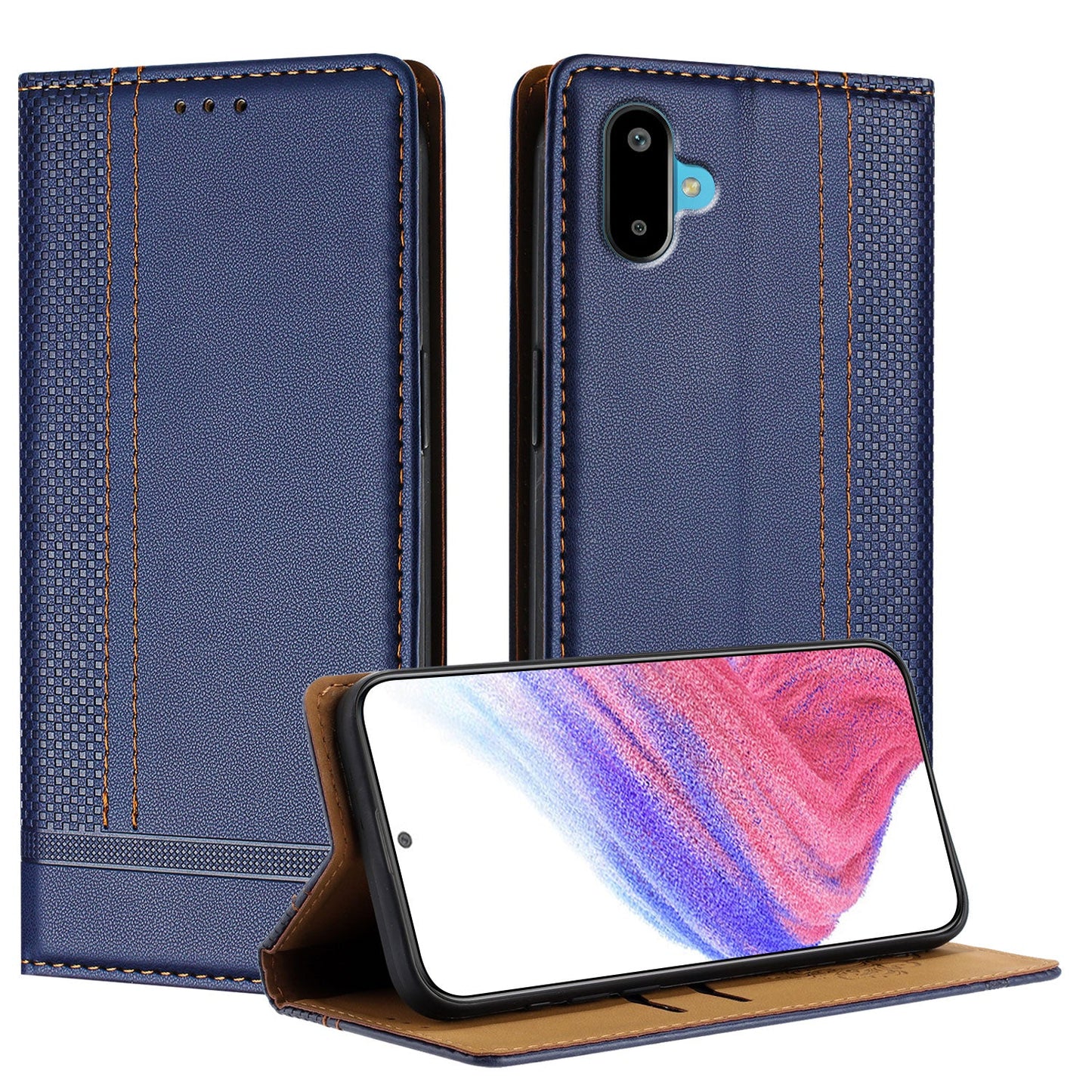 For Samsung Galaxy M06 5G / Galaxy F06 5G Case L-Shaped Grid Pattern Leather Stand Phone Cover with Card Slots - Blue