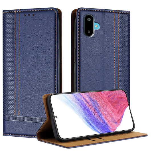 For Samsung Galaxy M06 5G / Galaxy F06 5G Case L-Shaped Grid Pattern Leather Stand Phone Cover with Card Slots - Blue