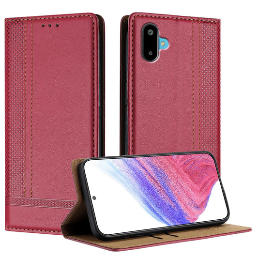 For Samsung Galaxy M06 5G / Galaxy F06 5G Case L-Shaped Grid Pattern Leather Stand Phone Cover with Card Slots - Red