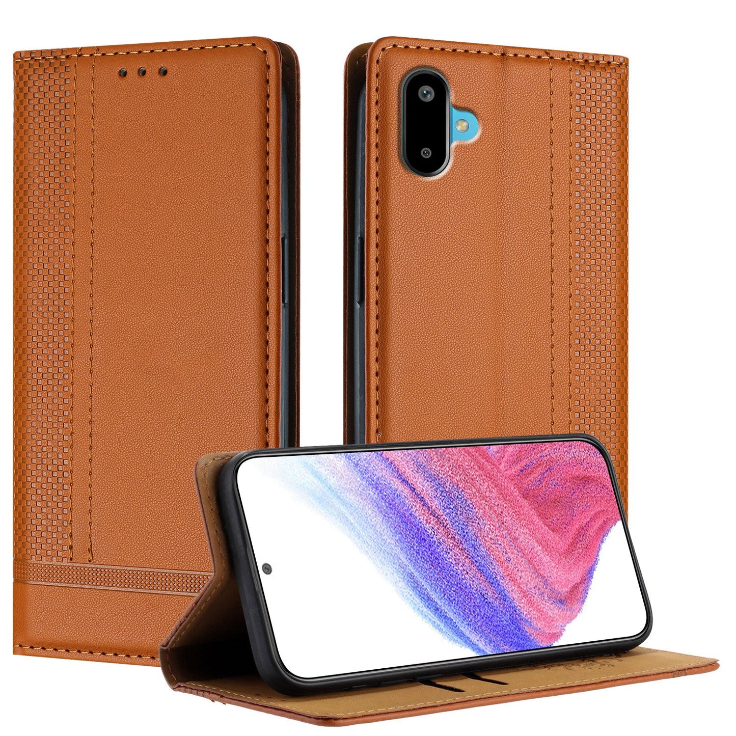 For Samsung Galaxy M06 5G / Galaxy F06 5G Case L-Shaped Grid Pattern Leather Stand Phone Cover with Card Slots - Brown