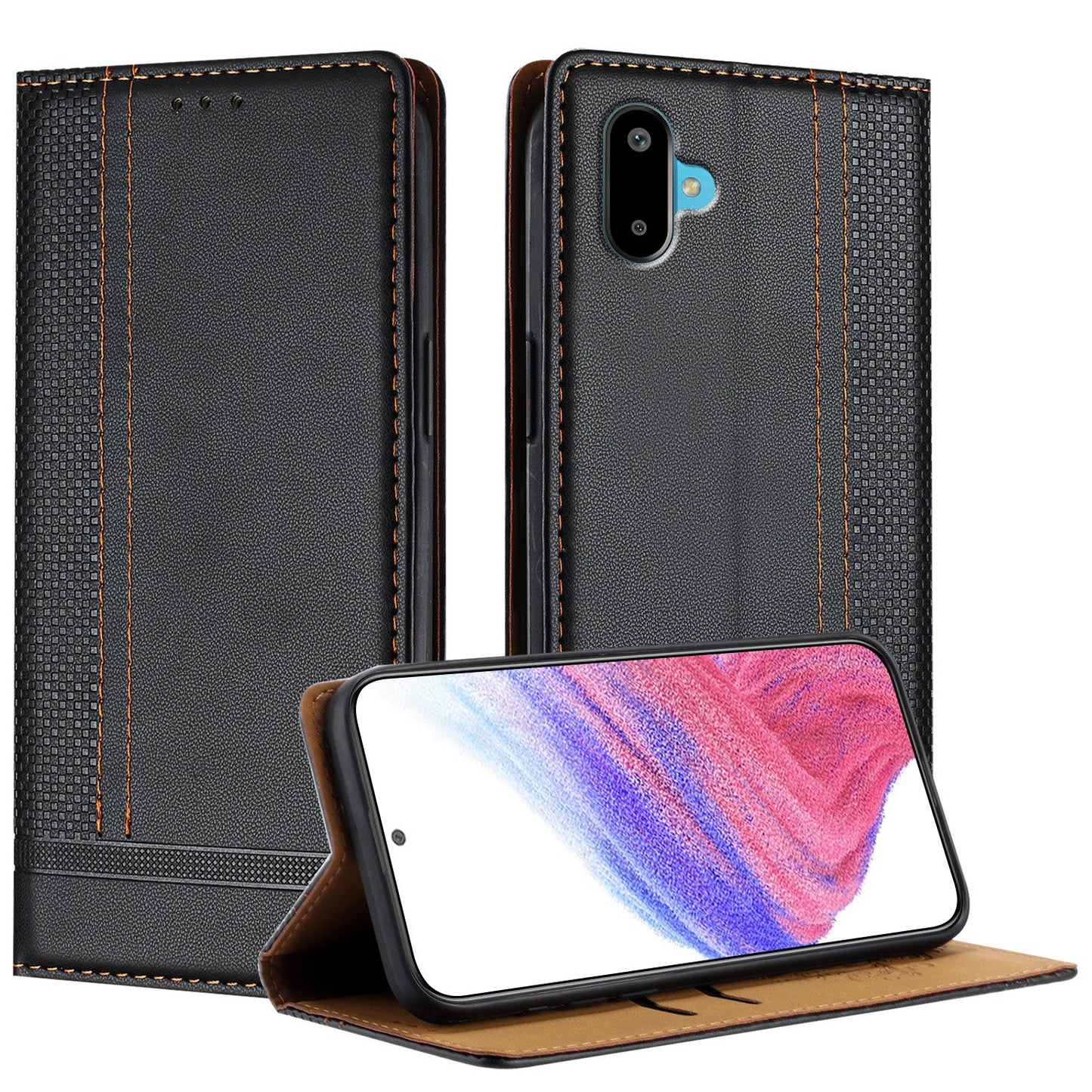 For Samsung Galaxy M06 5G / Galaxy F06 5G Case L-Shaped Grid Pattern Leather Stand Phone Cover with Card Slots - Black