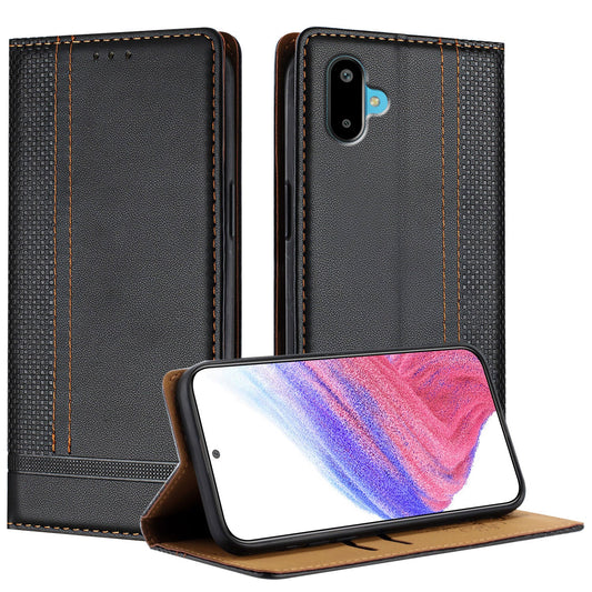 For Samsung Galaxy M06 5G / Galaxy F06 5G Case L-Shaped Grid Pattern Leather Stand Phone Cover with Card Slots - Black