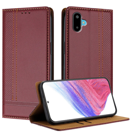 For Samsung Galaxy M06 5G / Galaxy F06 5G Case L-Shaped Grid Pattern Leather Stand Phone Cover with Card Slots - Wine Red